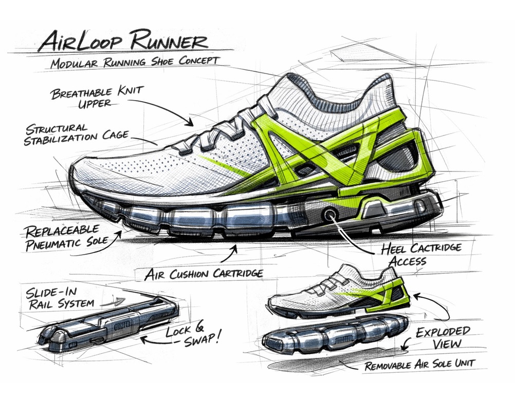 Industrial design sketch of a modular running shoe concept